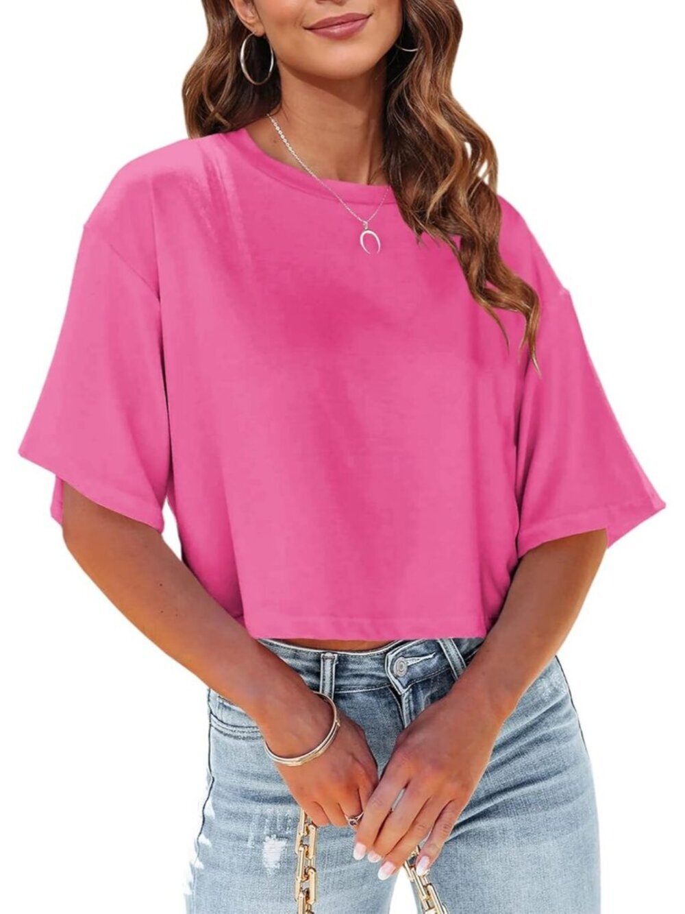 Women's Hot Pink Crew Neck Half Sleeves Loose Fit Casual Pull On Tees Shirts